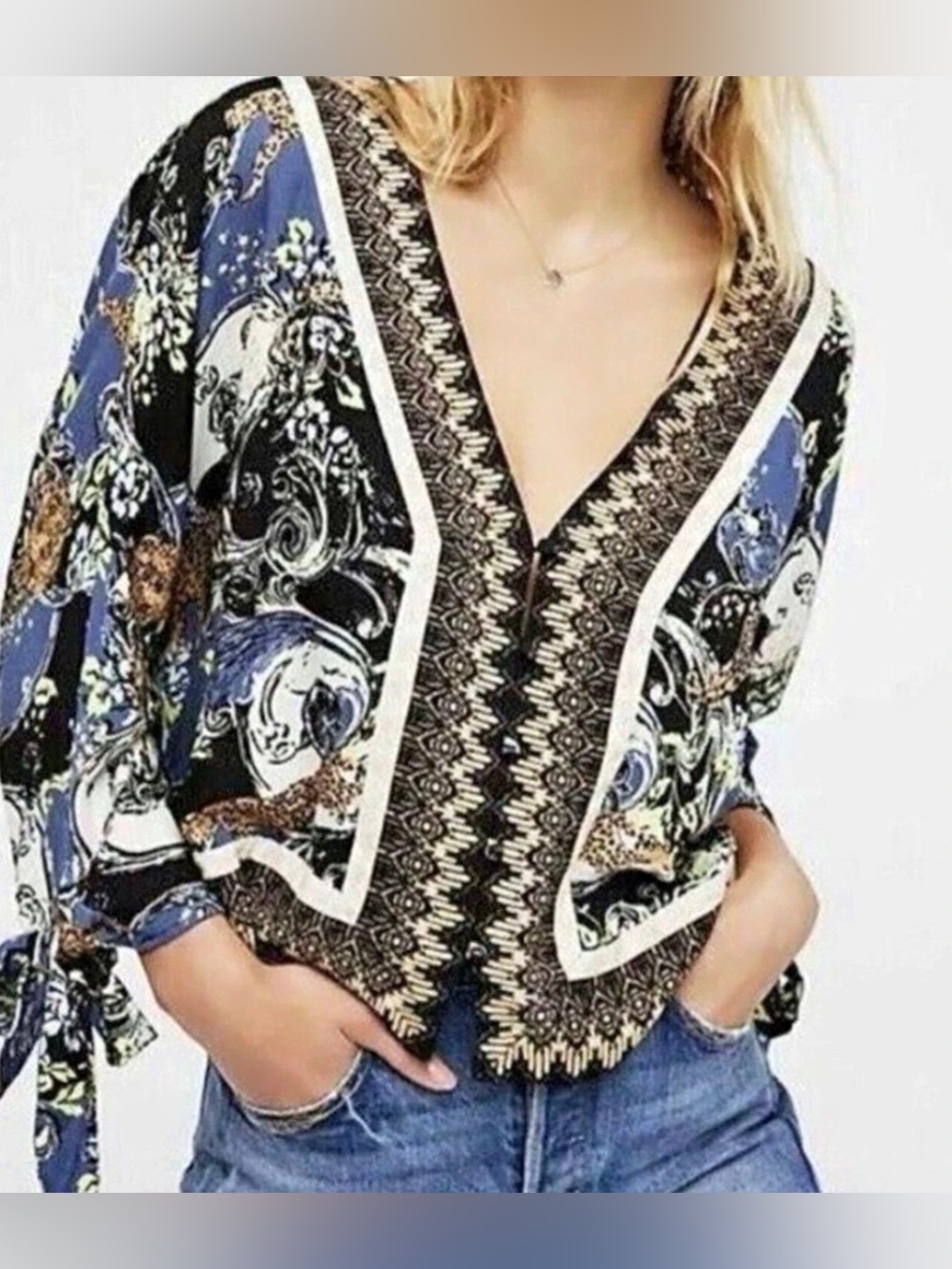 Free People Blue, Black & Yellow Printed Button Up Blouse - Size L?